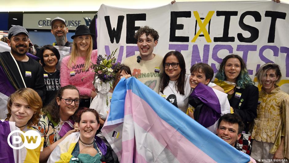 Hundreds of fans greet Eurovision winner Nemo in&nbsp;Switzerland